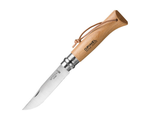 Нож Opinel №8, нержавеющая сталь, рукоять бук с кожаным темляком